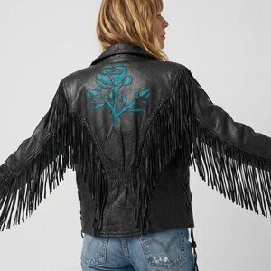 Vintage Genuine Leather Fringe Rose Moto Jacket Size Small